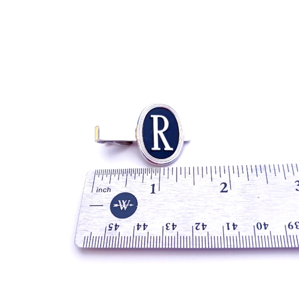 SWANK R TIE CLIP VINTAGE monogram "R" round silvertone 50s 60s silvertone black - Picture 7 of 7